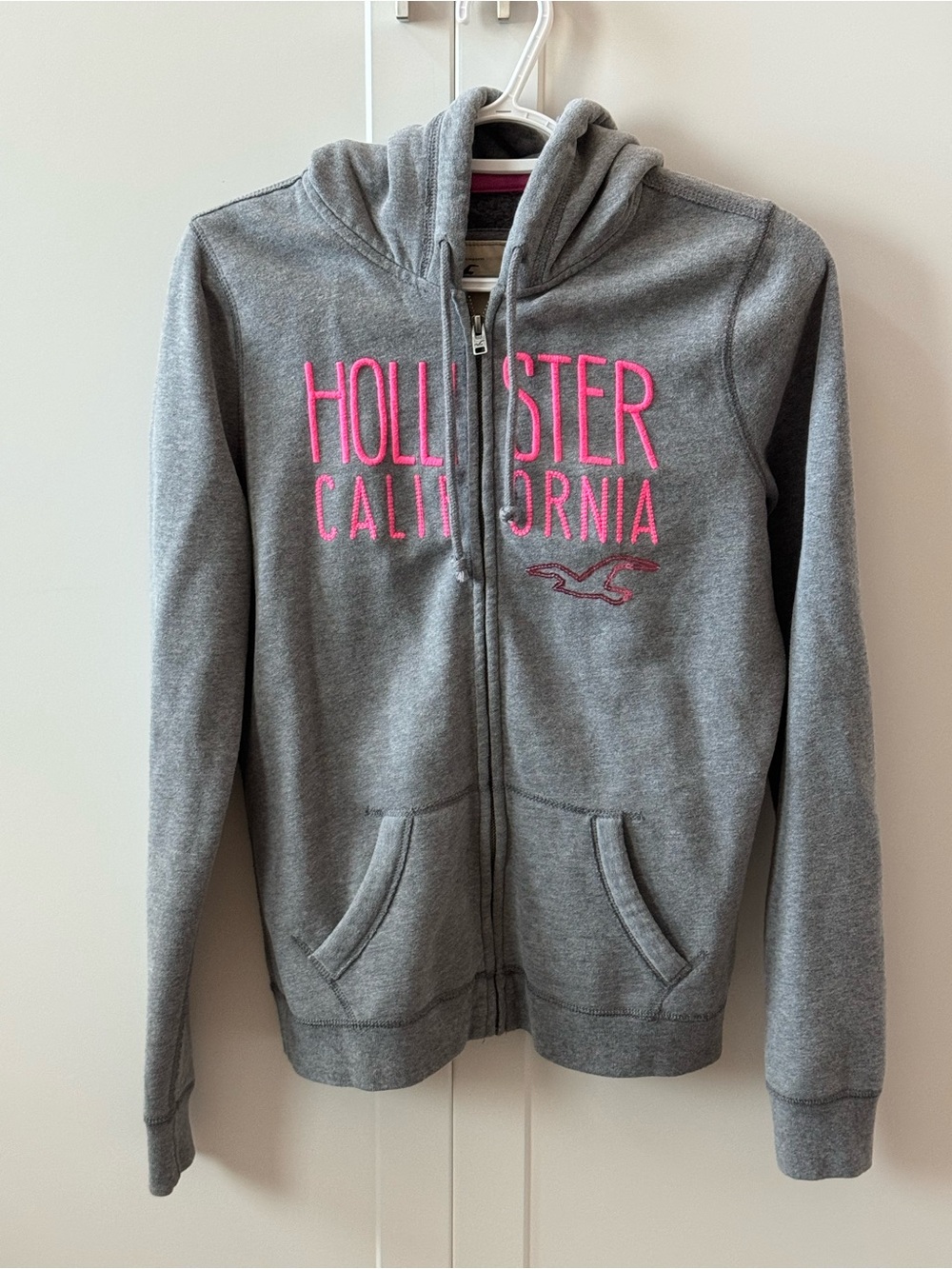 Hollister California Gray Full Zip Hoodie Pink Logo Women’s Large 2009 Like New
